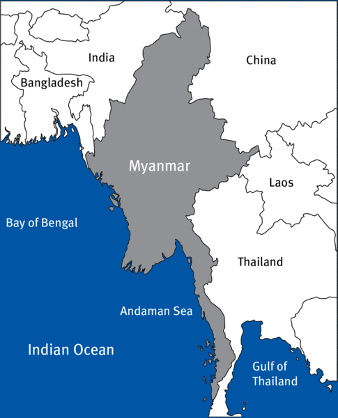 The coast of Myanmar extends the Bay of Bengal from Bangladesh to Thailand between 20° north latidude and 9° north latitude.